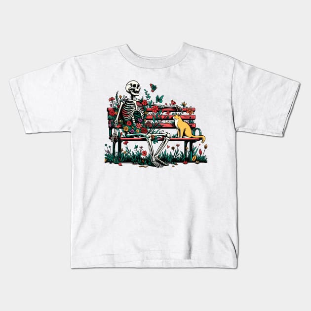 Curious Cat with bench floral bench skeleton Kids T-Shirt by Art from the Machine